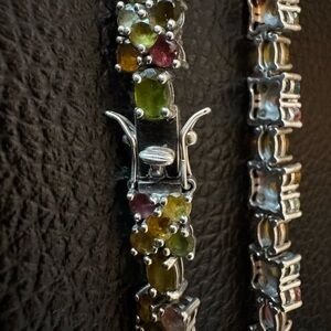 Oval and Round Multi Tourmaline Rhodium over Sterling Silver Bracelet. Sz 7.25.